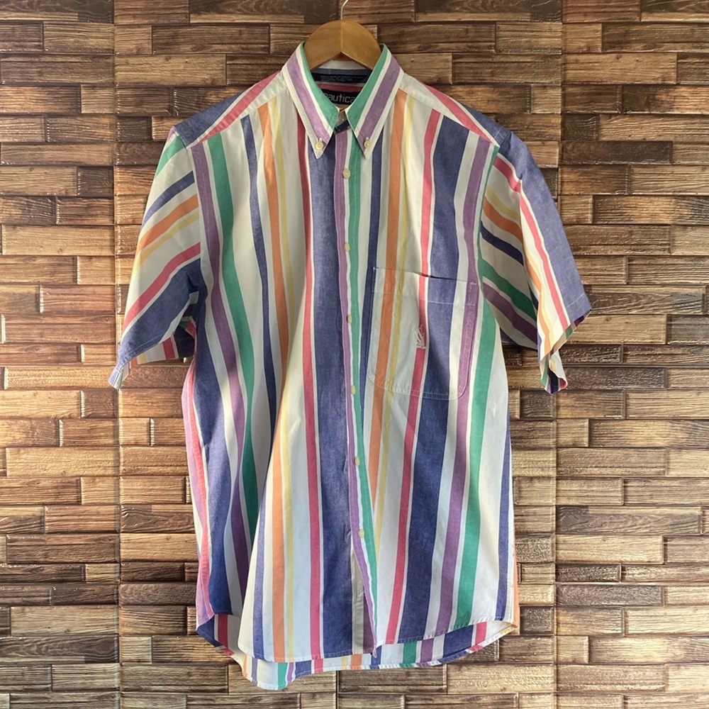 Vintage 90’s Mens Multi Pastel Color Block Nautical Small Short Sleeve Shirt